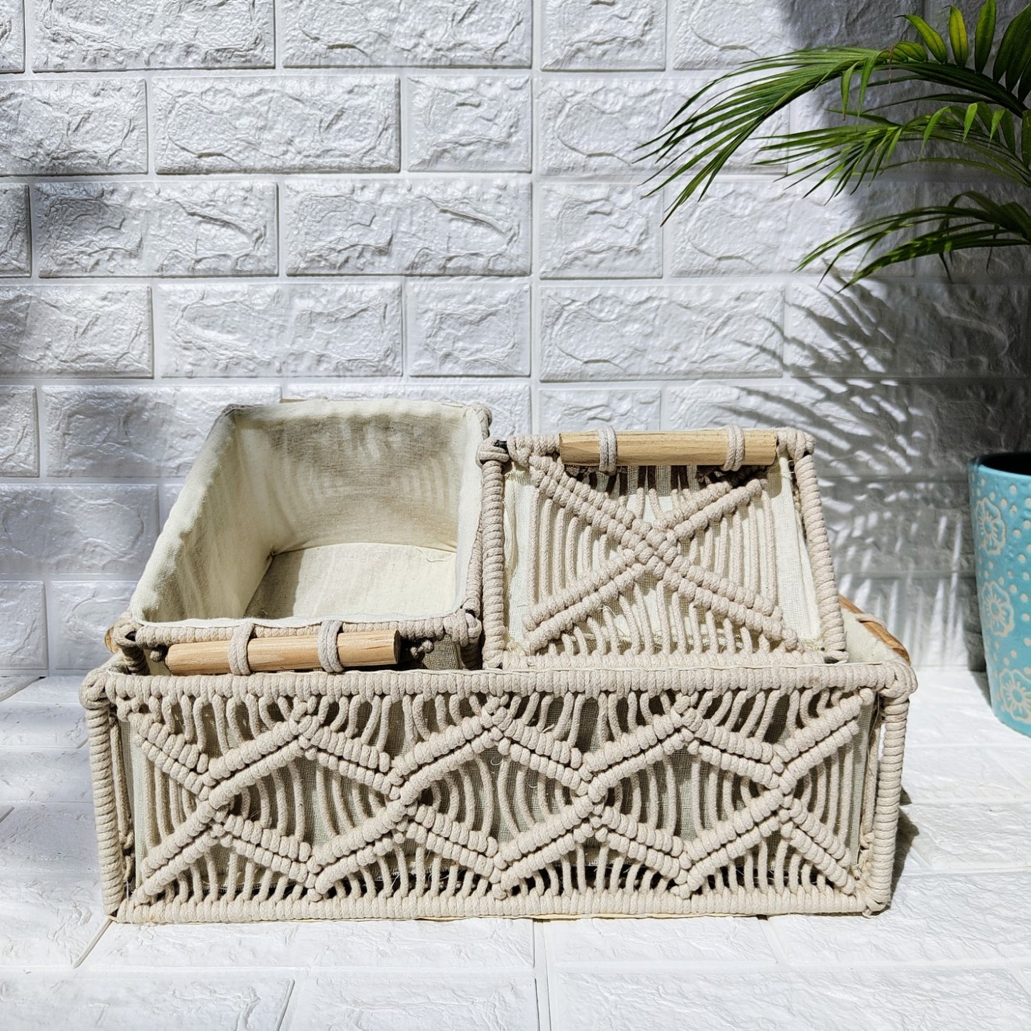 Macrame Woven Basket With Handle Set Of 3