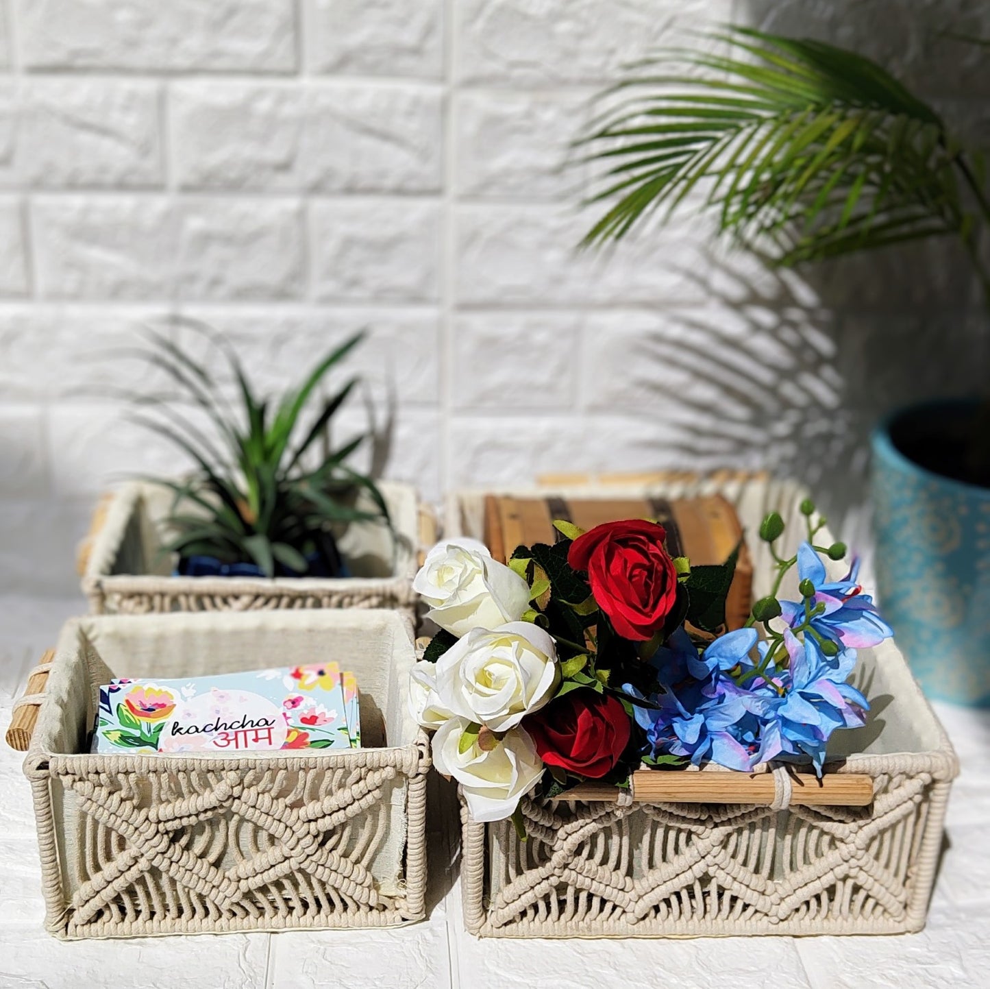 Macrame Woven Basket With Handle Set Of 3