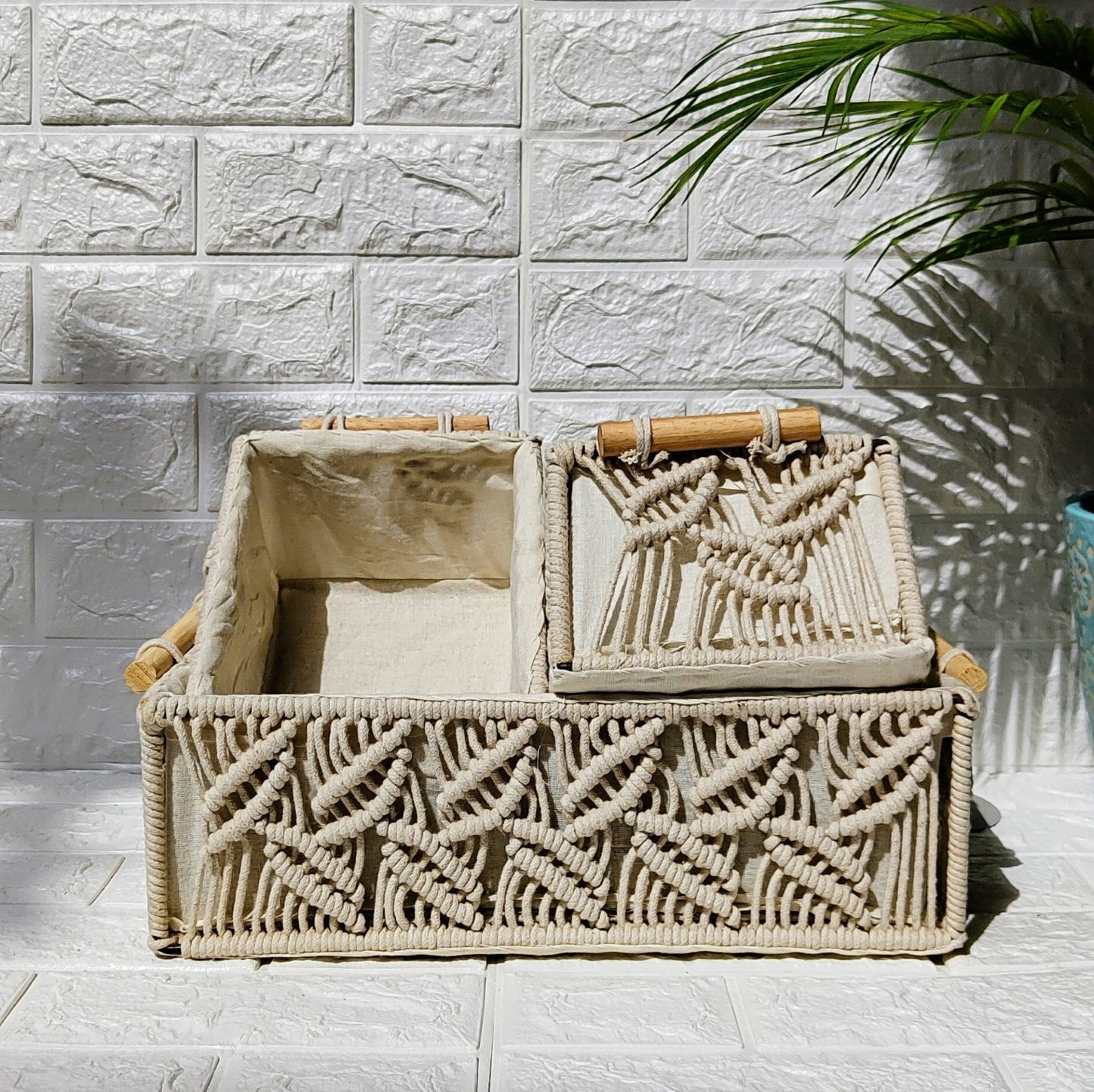 Macrame Woven Basket With Handle Set Of 3