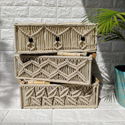 Macrame Woven Basket With Handle Set Of 3