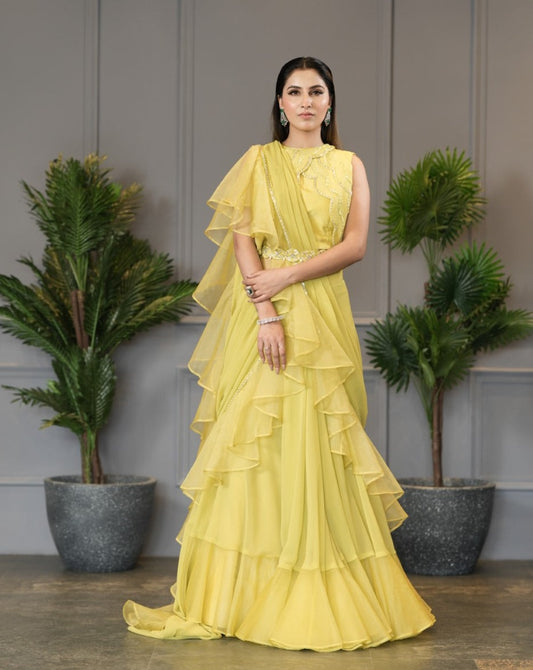 Neon Yellow Jacket Saree