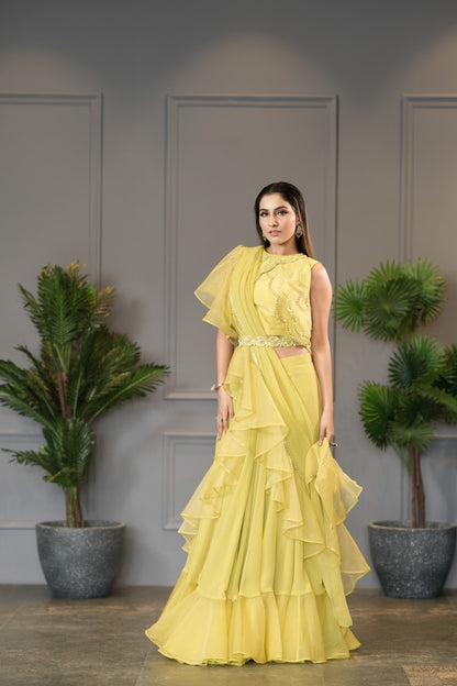 Neon Yellow Jacket Saree