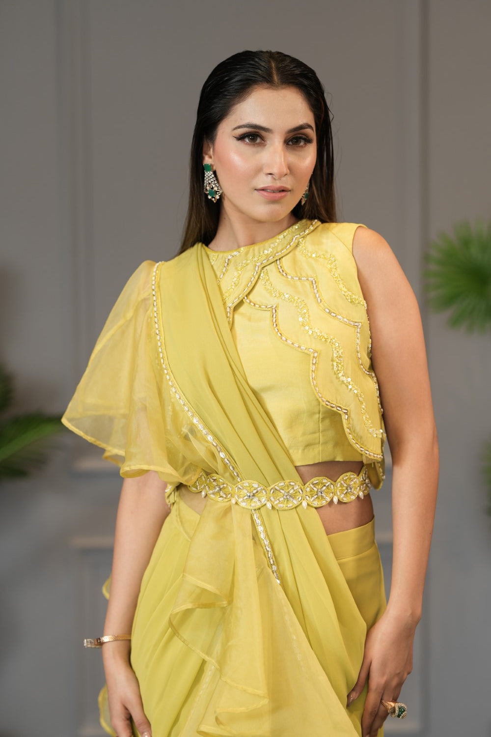 Neon Yellow Jacket Saree