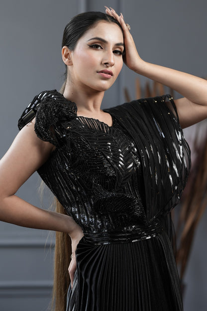 Pleated Black Organza Gown