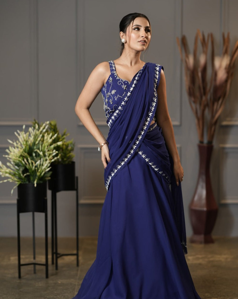 Cobalt Blue Pre Draped Saree