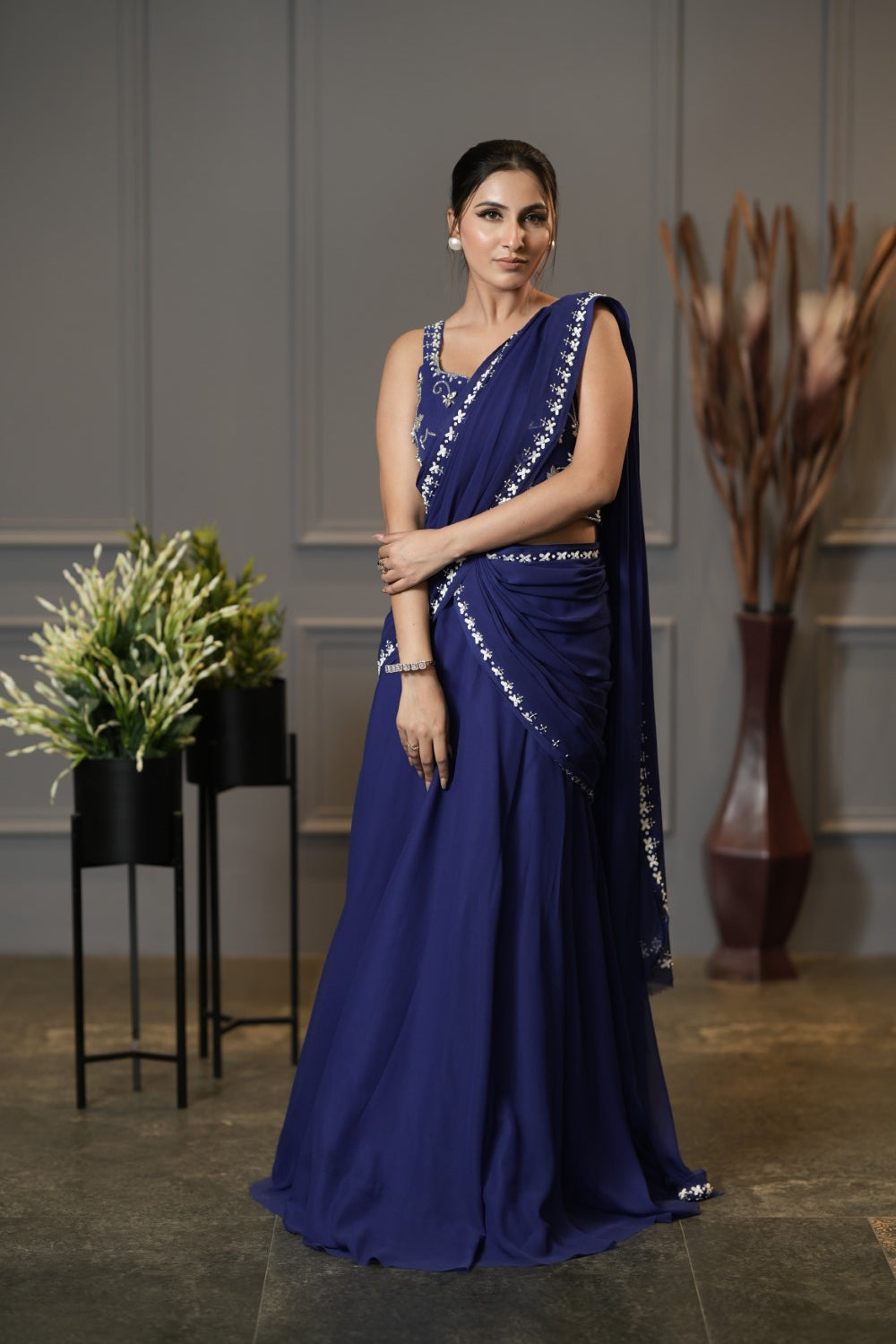 Cobalt Blue Pre Draped Saree