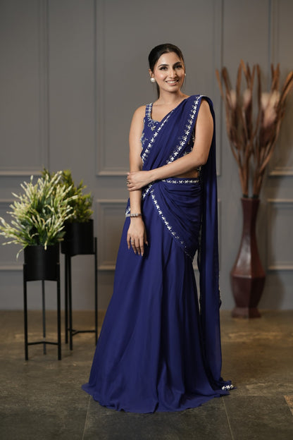 Cobalt Blue Pre Draped Saree