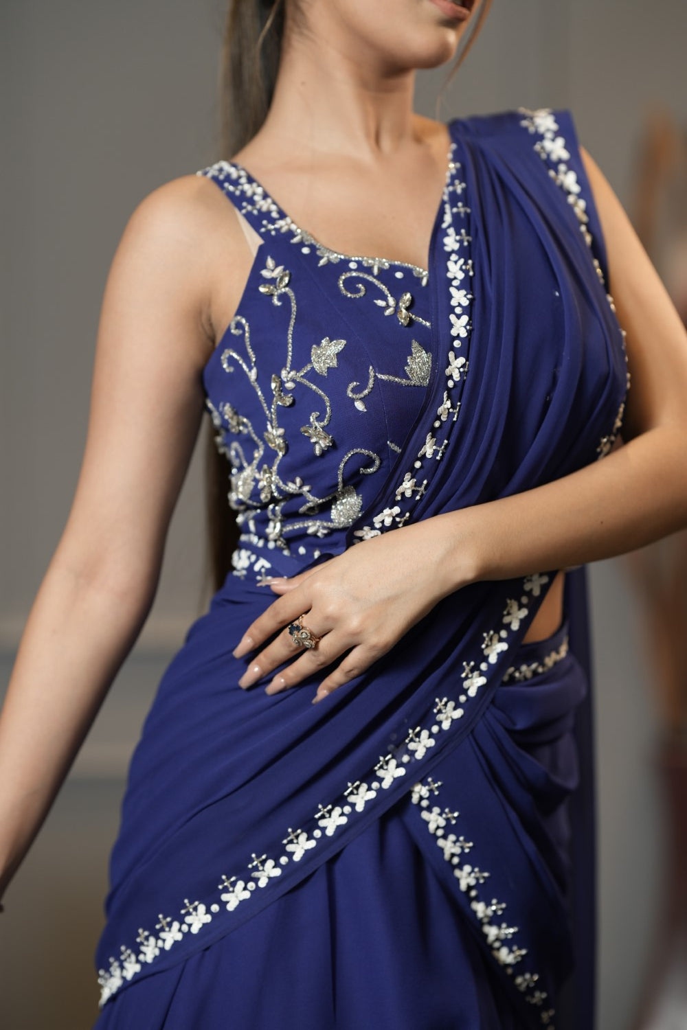 Cobalt Blue Pre Draped Saree