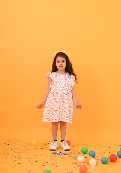 White Floral Dress With Red & Pink Flowers