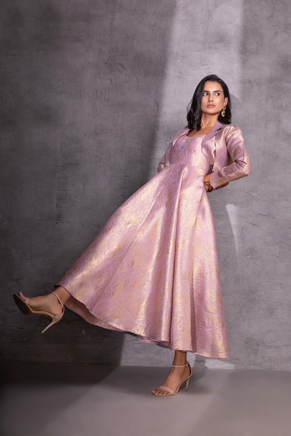 Pink Brocade Flared Dress with Jacket