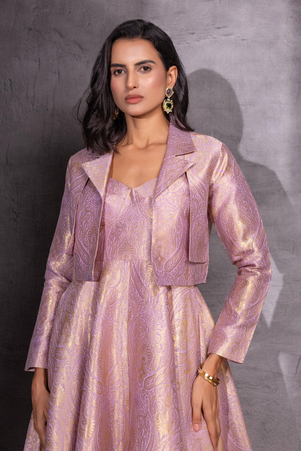 Pink Brocade Flared Dress with Jacket
