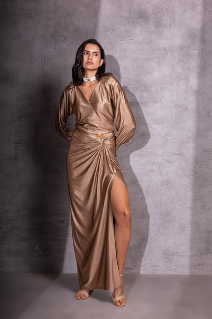Golden Draped Top & Knotted Skirt Co-ord set