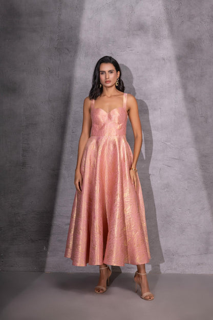 Pink Brocade Flared Dress with Jacket