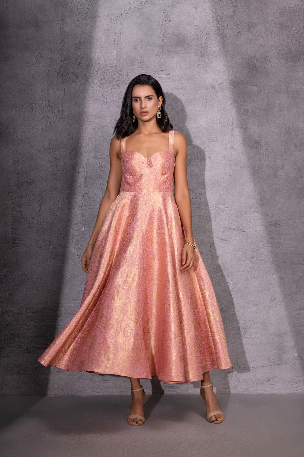 Pink Brocade Flared Dress with Jacket