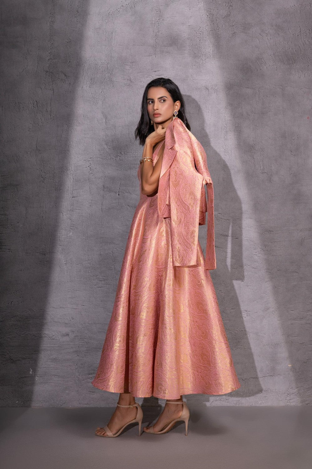 Pink Brocade Flared Dress with Jacket