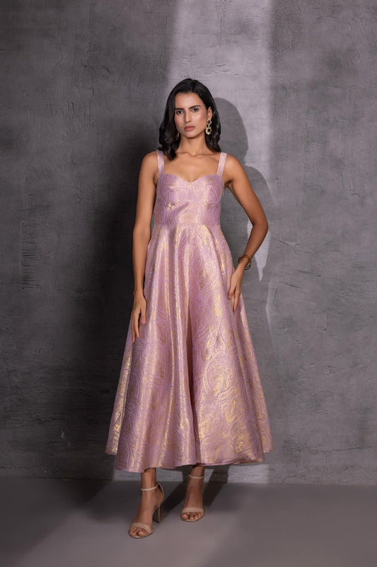 Lilac Brocade Flared Dress with Jacket