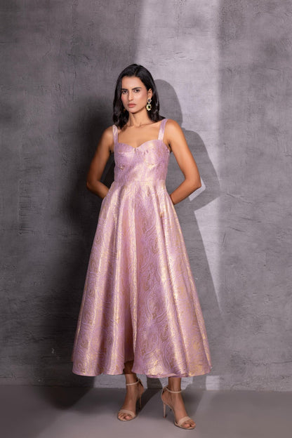 Pink Brocade Flared Dress with Jacket