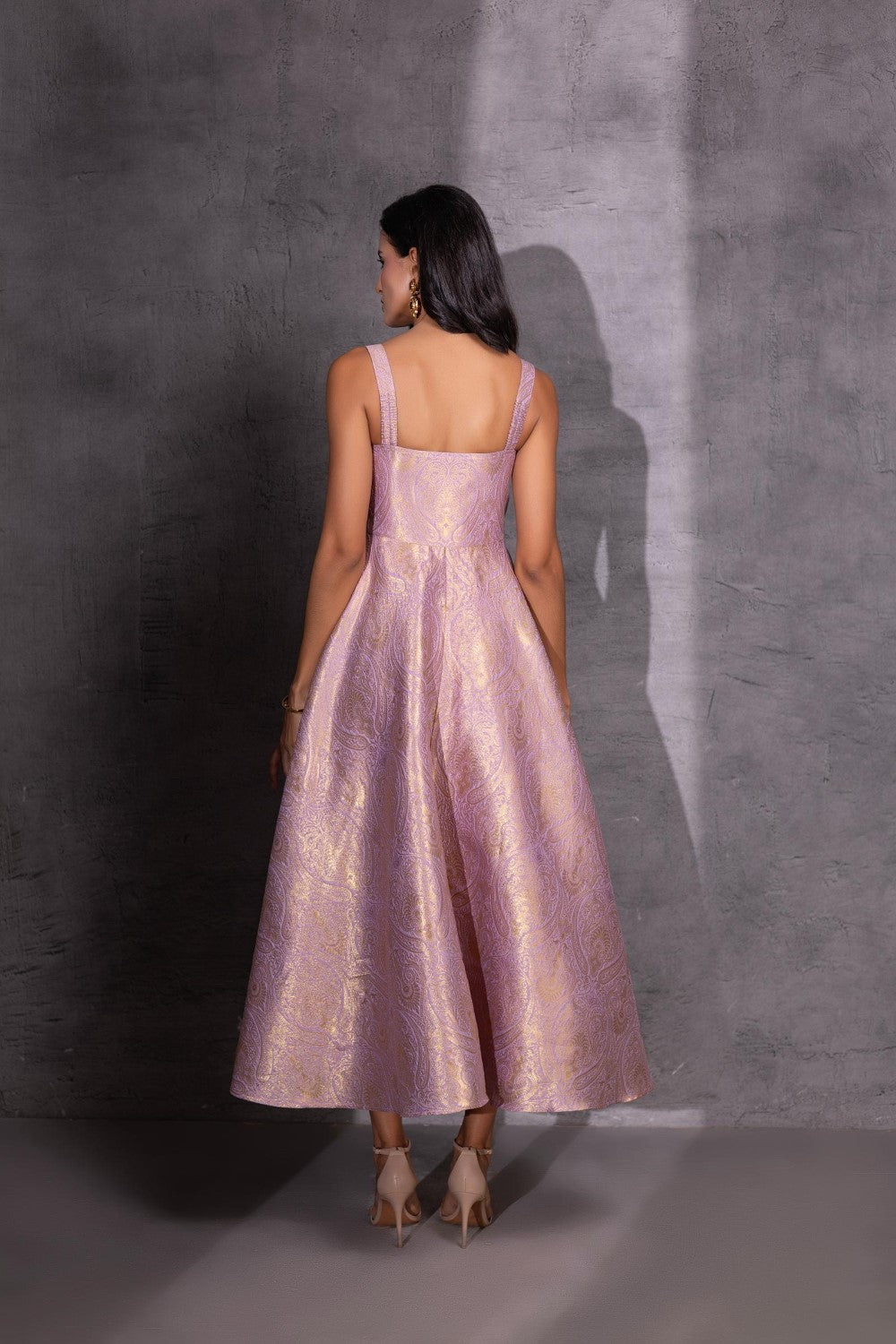 Pink Brocade Flared Dress with Jacket