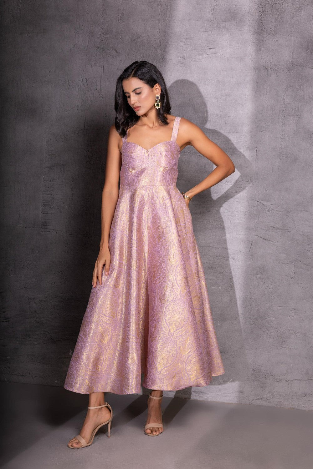 Pink Brocade Flared Dress with Jacket