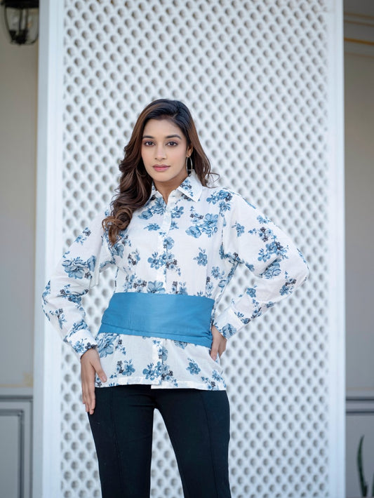 Dark Blue Cotton Floral Shirt With Bow