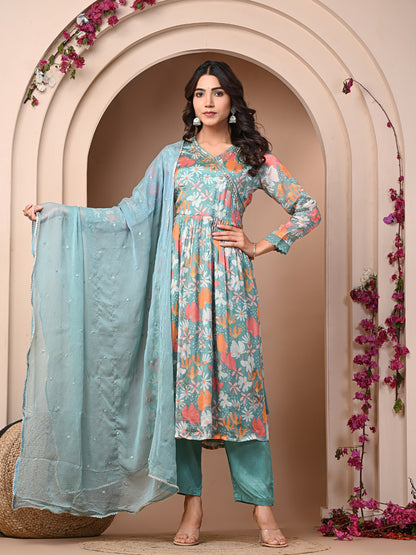 Sea Green Chinnon Suit Set| Affordable & Stylish