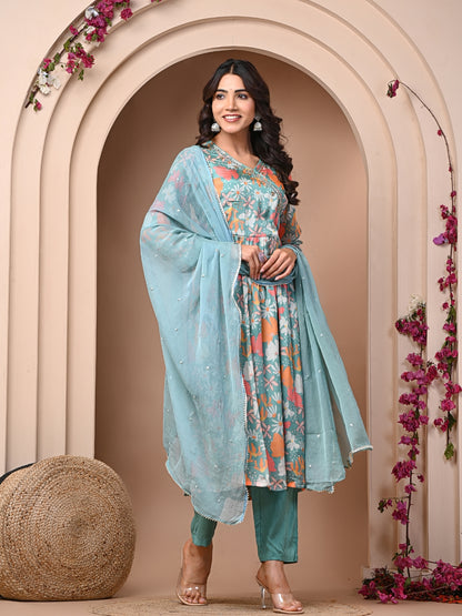 Sea Green Chinnon Suit Set| Affordable & Stylish