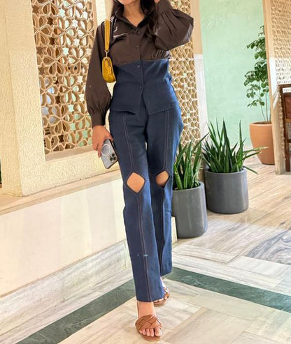 Dual Tone Denim Co-ord Set With Knee Cutouts