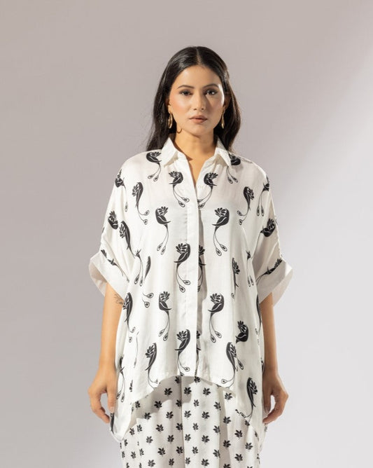 Hummingbird Satin Silk Boxy Shirt