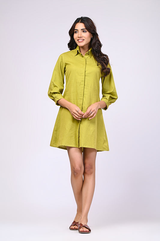 Cotton Linen Green Short Dress