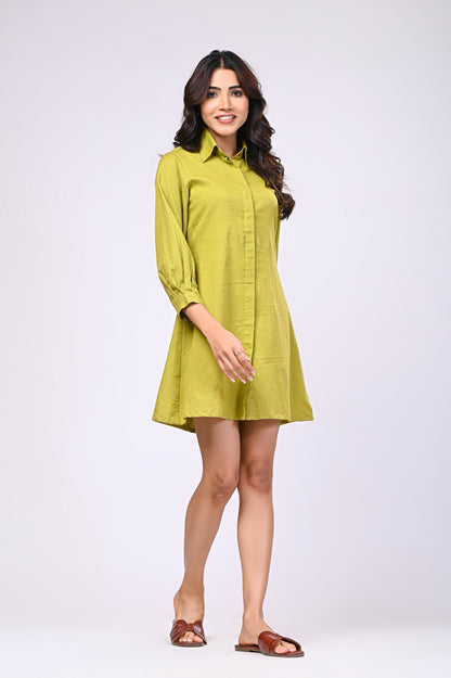 Cotton Linen Green Short Dress