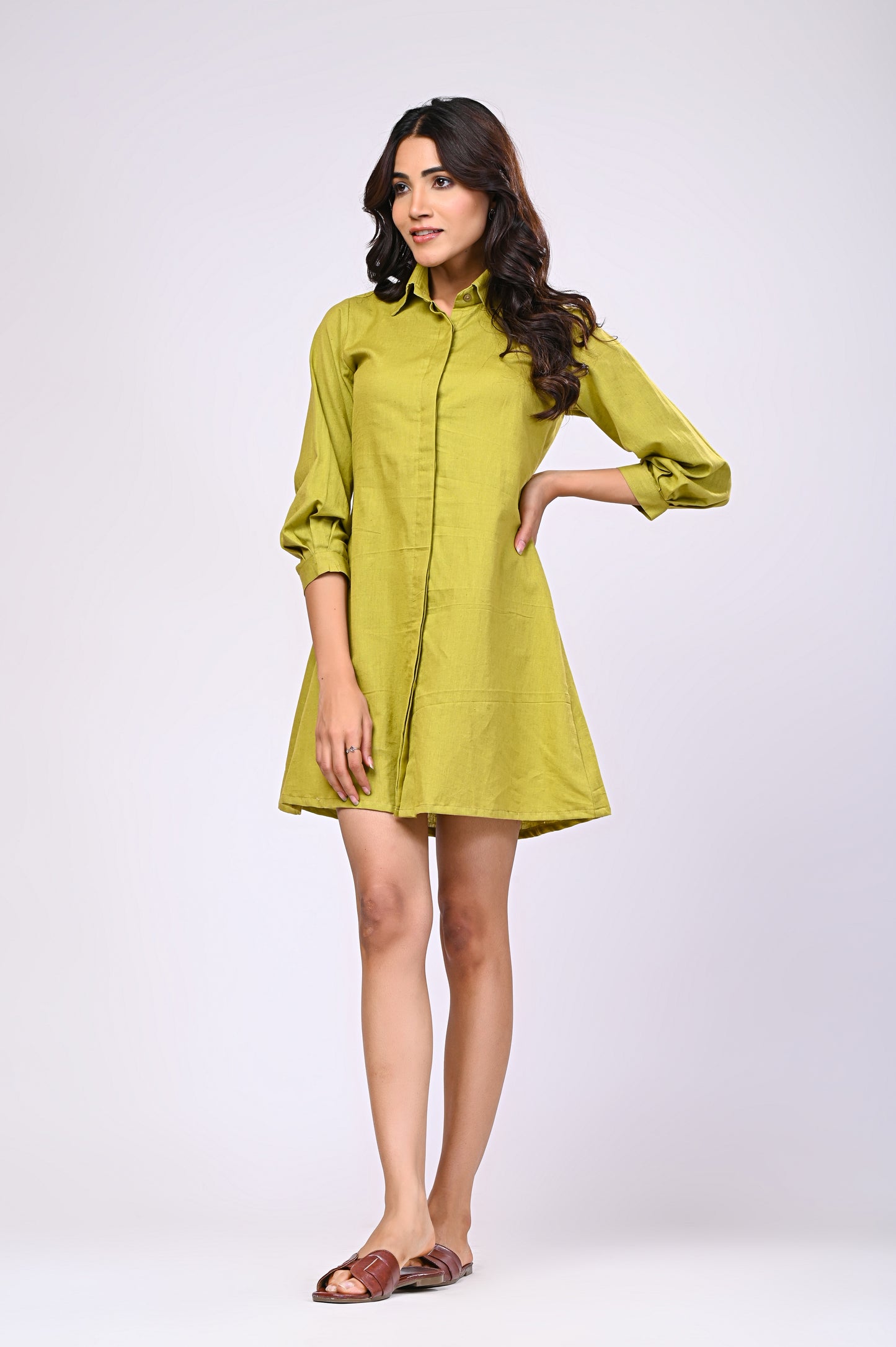 Cotton Linen Green Short Dress