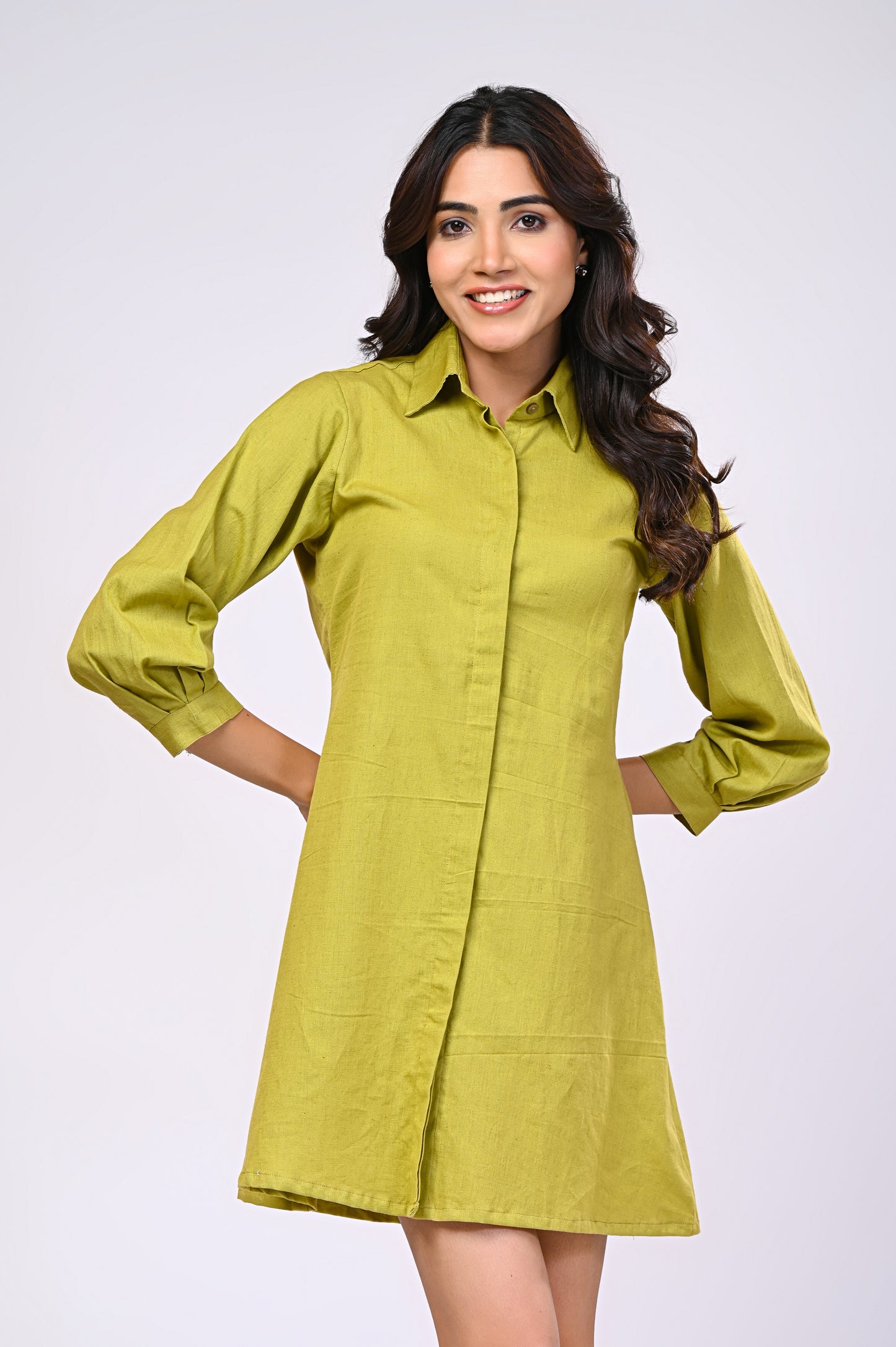 Cotton Linen Green Short Dress