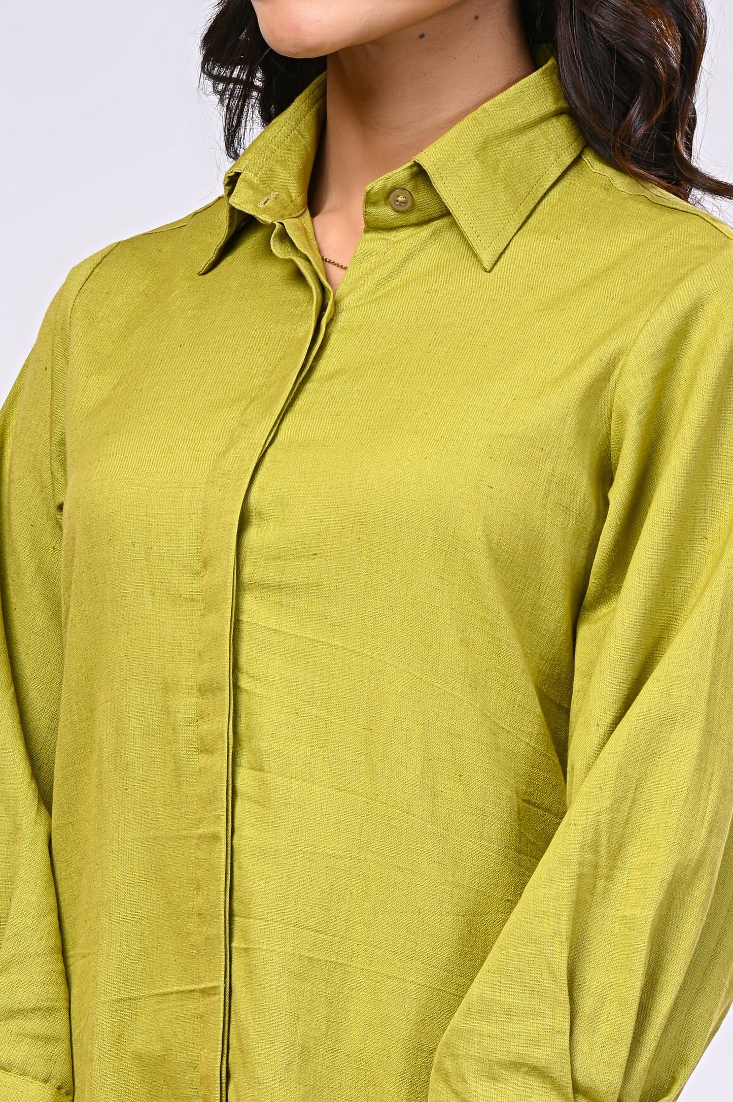 Cotton Linen Green Short Dress