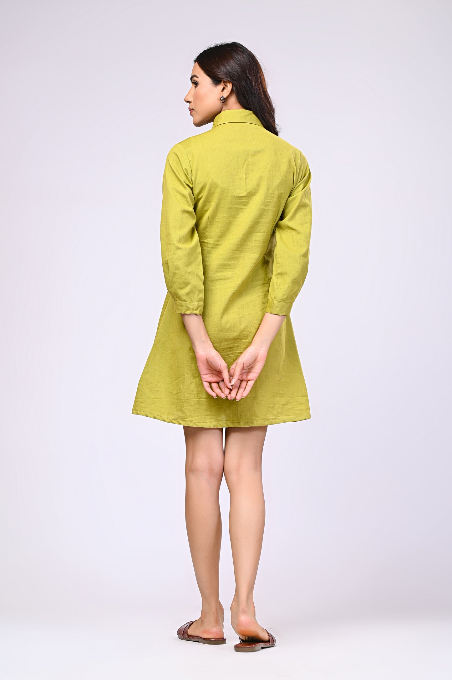 Cotton Linen Green Short Dress