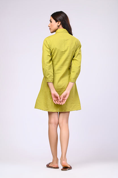 Cotton Linen Green Short Dress