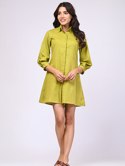 Cotton Linen Green Short Dress