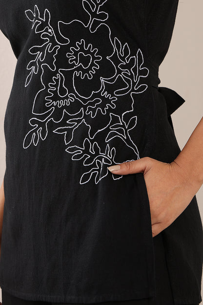 Linen Black Embroidered Coord Set