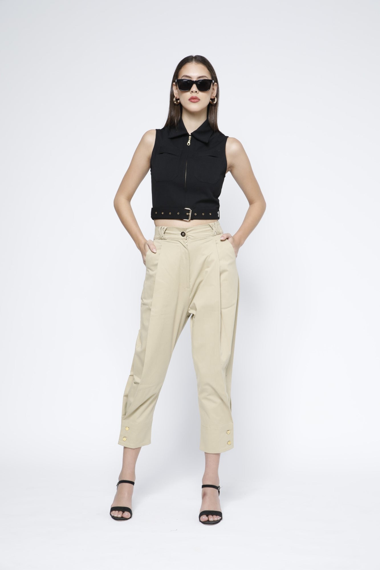 Gold Metal Zip Belted Crop Top