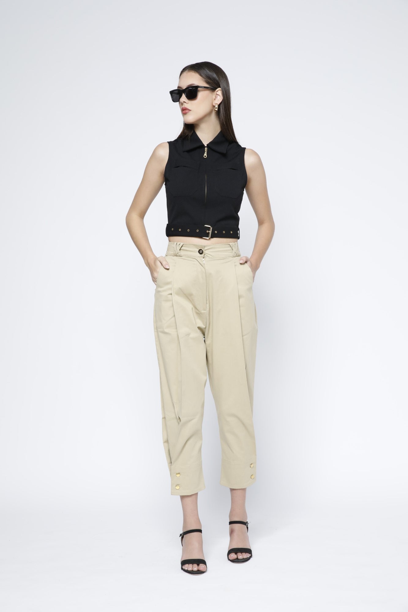 Gold Metal Zip Belted Crop Top