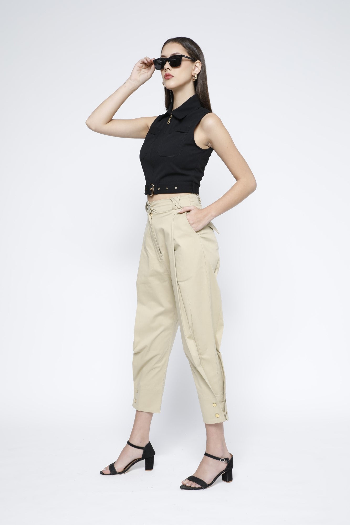 Gold Metal Zip Belted Crop Top