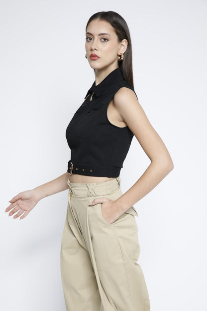 Gold Metal Zip Belted Crop Top