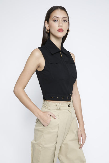 Gold Metal Zip Belted Crop Top