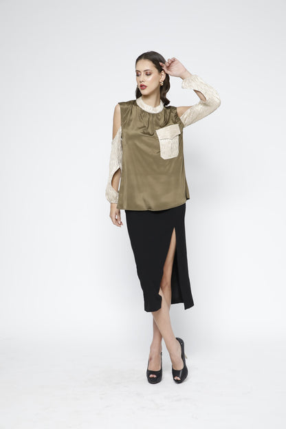 Two-Tone Cut-out Sleeves Top